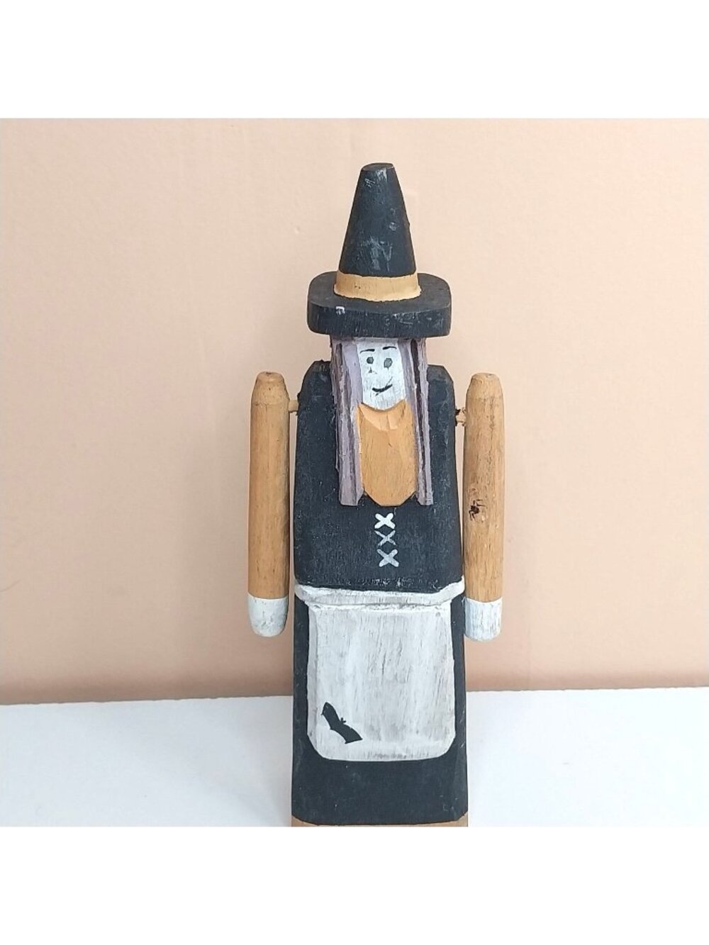 Vintage Folk Art Hand-Carved Wooden Witch Figurine with Hat Rustic Halloween